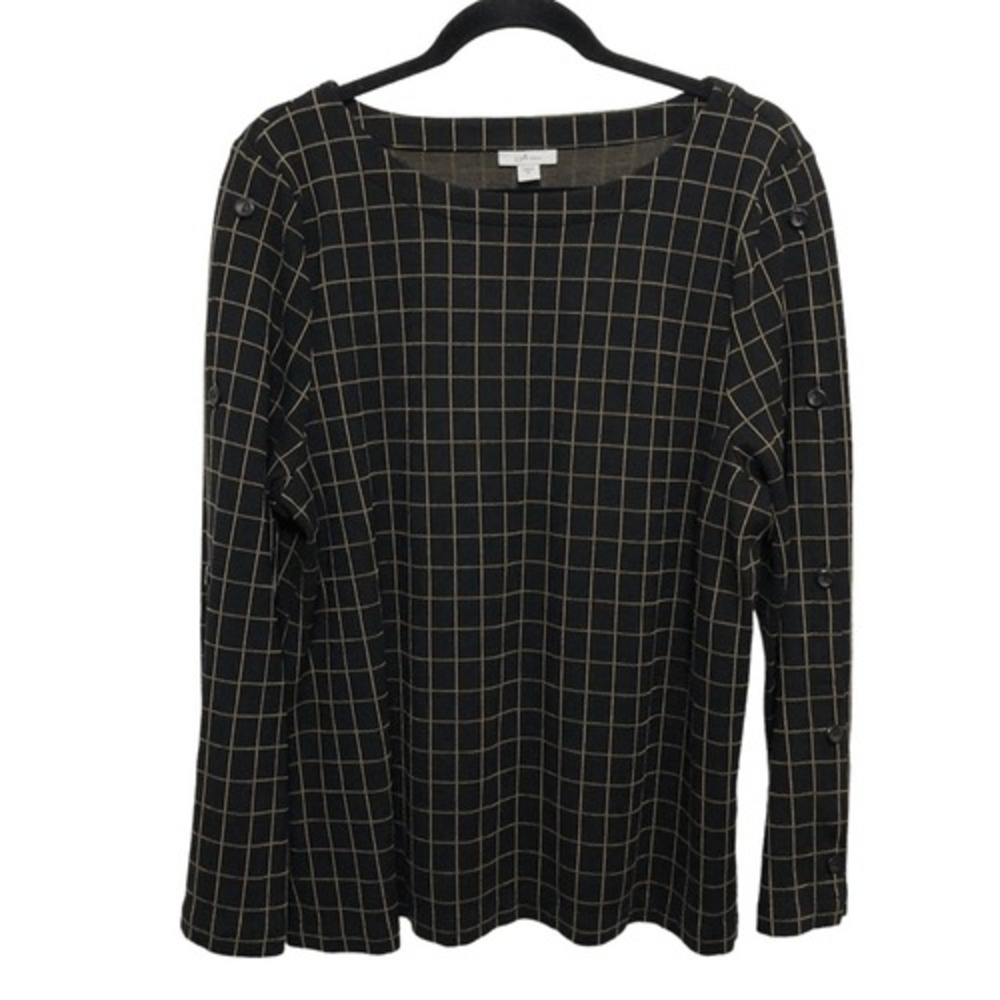 J Jill Womens XL Ponte Knit Plaid Top Grid Cuff Button Long Sleeve Dark Academia